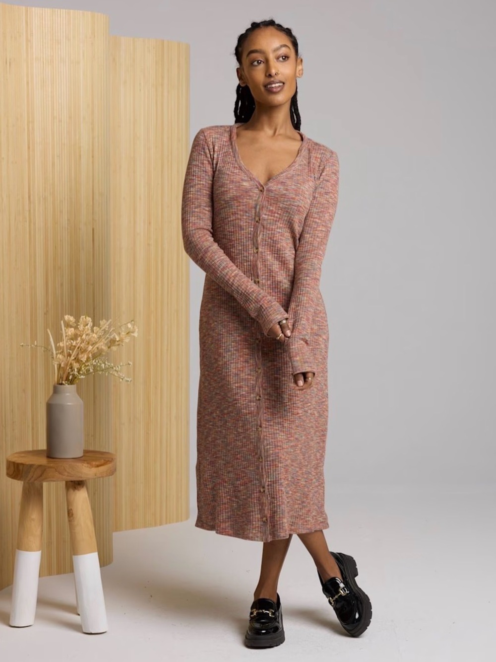 Known Supply Lorelei Multi button up midi long sleeve dress organic cotton